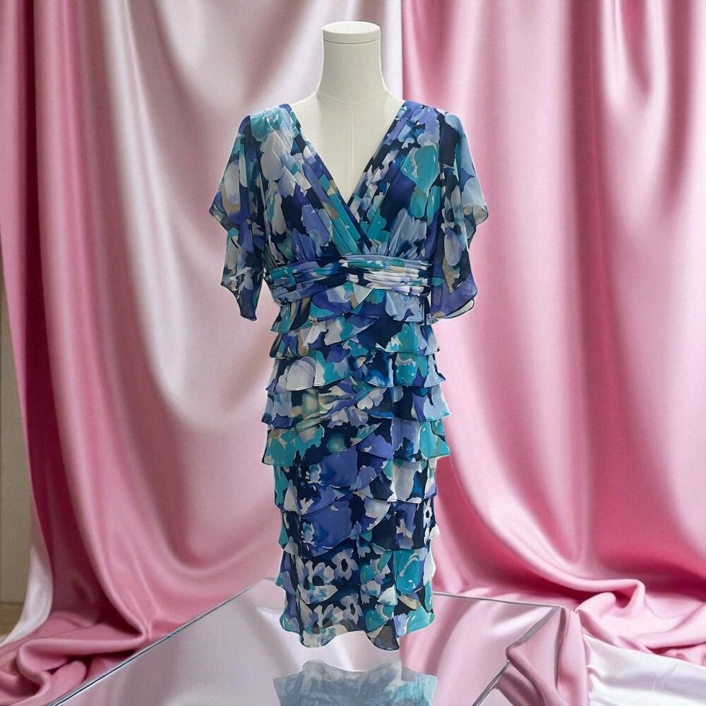 Adrianna Papell Blue Floral Layered Midi Dress